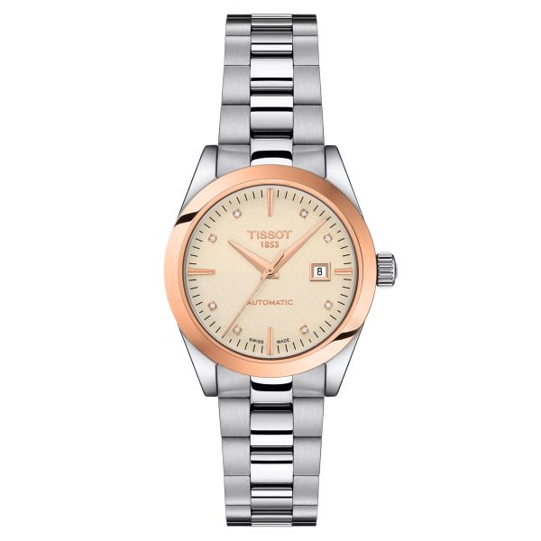 Montre Tissot T-My Lady Or Rose automatique index diamants cadran crème bracelet acier 29 mm T930.007.41.266.00