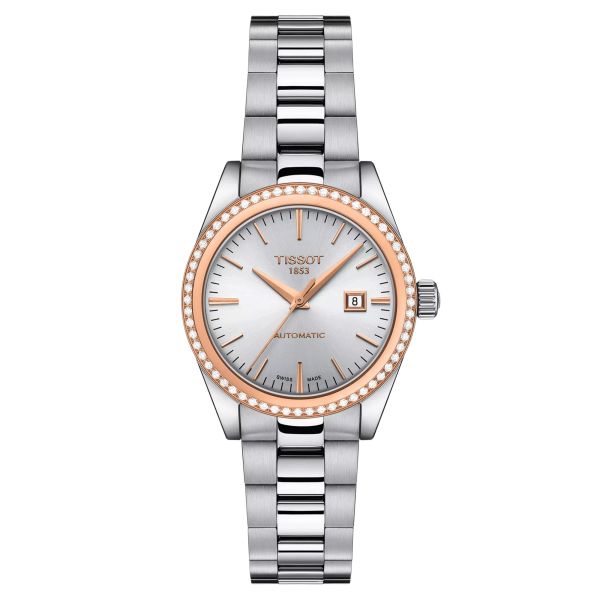 Montre Tissot T-My Lady Or Rose automatique lunette sertie cadran argent bracelet acier 29 mm T930.007.41.031.00