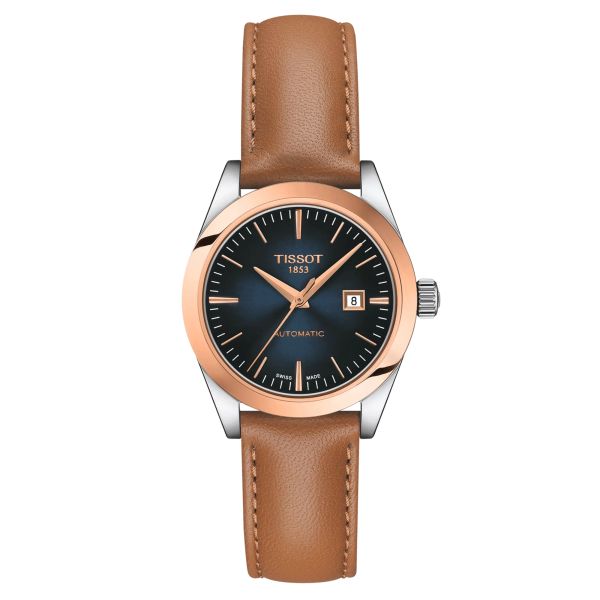 Tissot T-My Lady Rose Gold automatic watch blue dial brown leather strap 29 mm T930.007.46.041.00