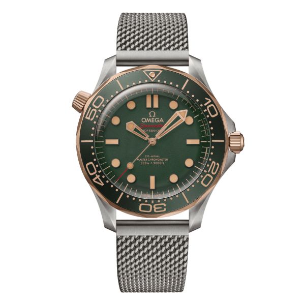 Montre Omega Seamaster Diver 300m Bronze Gold Co-Axial Master Chronometer cadran vert bracelet acier milanais 42 mm