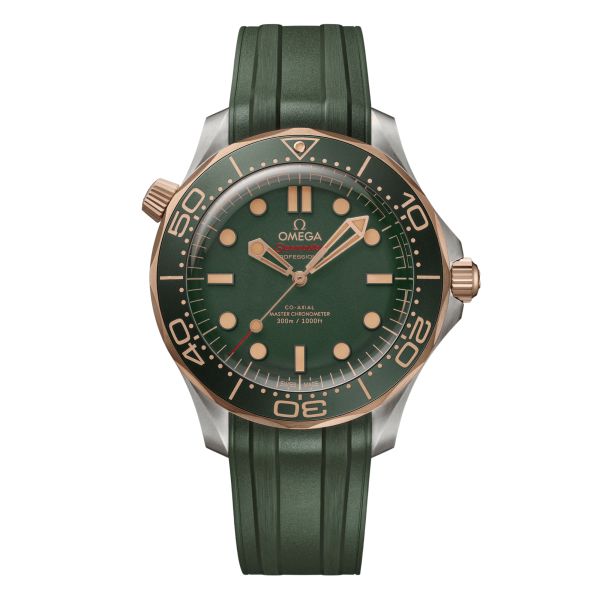 Montre Omega Seamaster Diver 300m Bronze Gold Co-Axial Master Chronometer cadran vert bracelet caoutchouc 42 mm