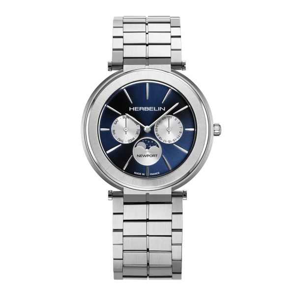 Herbelin Newport Slim Moonphase quartz blue dial steel bracelet 41,5 mm