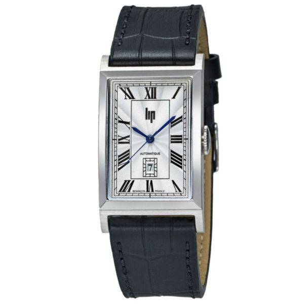 Lip Churchill T26 automatic watch silver dial black leather strap 46 x 26 mm