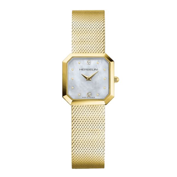 Montre Herbelin Octogone PVD Or jaune quartz cadran nacre bracelet acier maille milanaise 24,5 mm