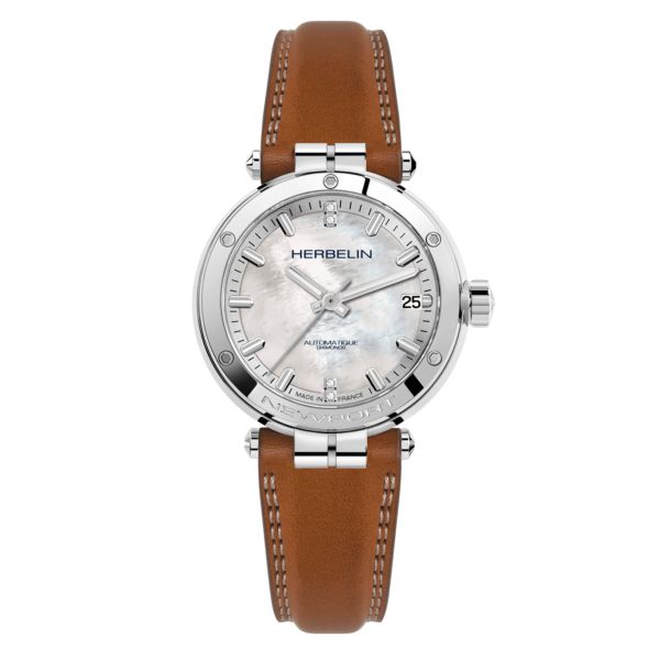 Herbelin Newport automatic mother-of-pearl dial leather strap 35 mm