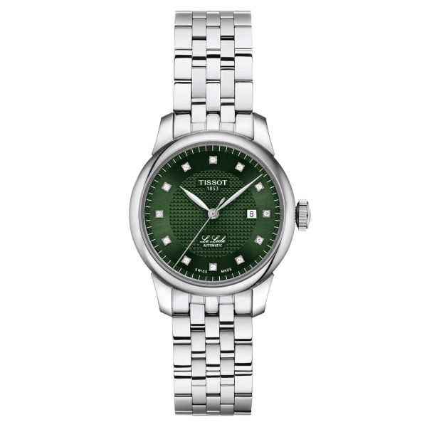 Montre Tissot T-Classic Le Locle Lady automatique index diamants cadran vert bracelet acier 29 mm