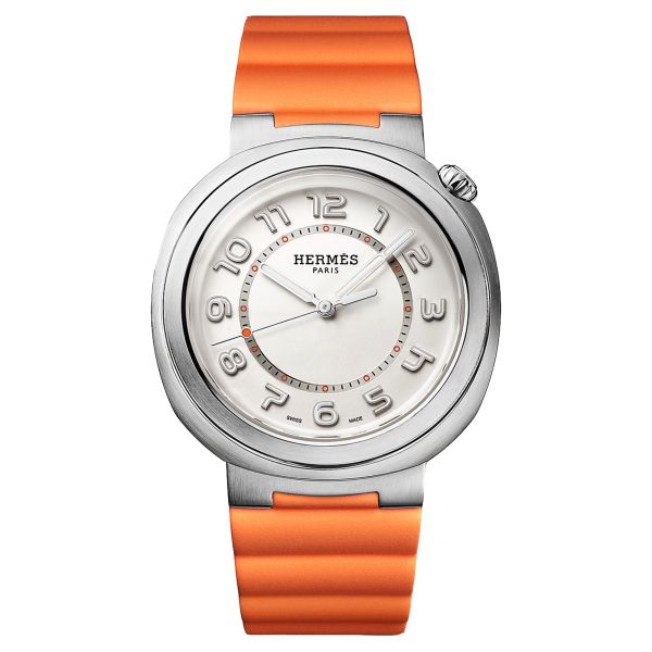 HERMÈS Cut Grand Modèle automatic watch silver dial orange rubber strap 36 mm