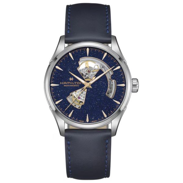 Montre Hamilton Jazzmaster Open Heart Auto cadran bleu scintillant bracelet cuir bleu 42 mm