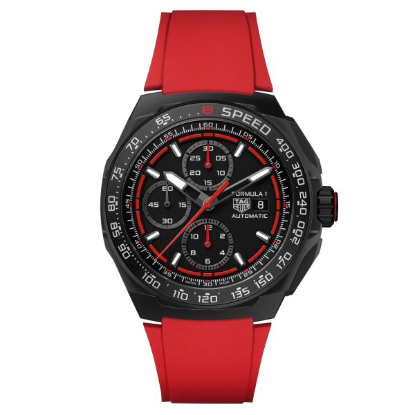 Montre TAG Heuer Formula 1 Chronographe automatique cadran noir bracelet caoutchouc rouge 44 mm CBZ2085.FT8093