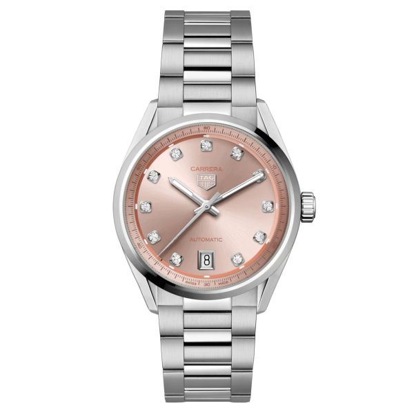 Montre TAG Heuer Carrera Date automatique index diamants cadran rose bracelet acier 36 mm WBN231D.BA0001