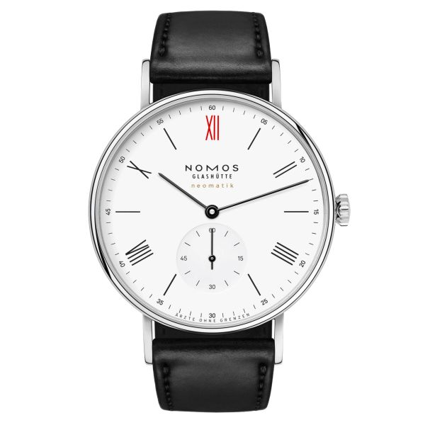 Montre NOMOS Ludwig Neomatik 39 Médecins sans Frontières automatique cadran blanc bracelet cuir noir 38,5 mm 250.S2