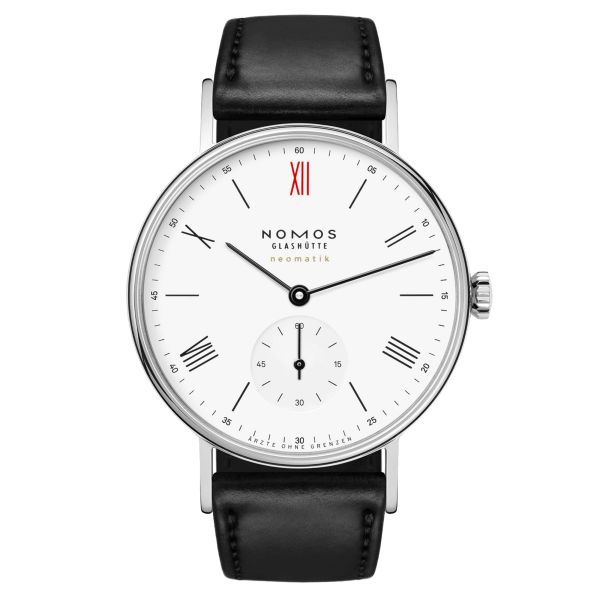 NOMOS Ludwig Neomatik Doctors Without Borders automatic watch white dial black leather strap 36 mm 282.S2