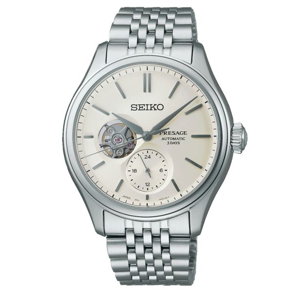 Montre Seiko Presage Cœur Ouvert automatique cadran blanc bracelet acier 40,2 mm SPB469J1