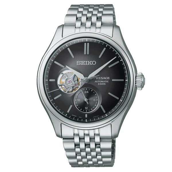 Montre Seiko Presage Cœur Ouvert automatique cadran noir bracelet acier 40,2 mm SPB471J1