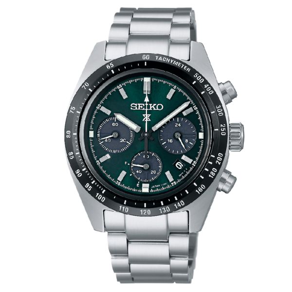 Seiko Prospex Chronograph quartz solar watch green dial steel bracelet 39 mm SSC933P1