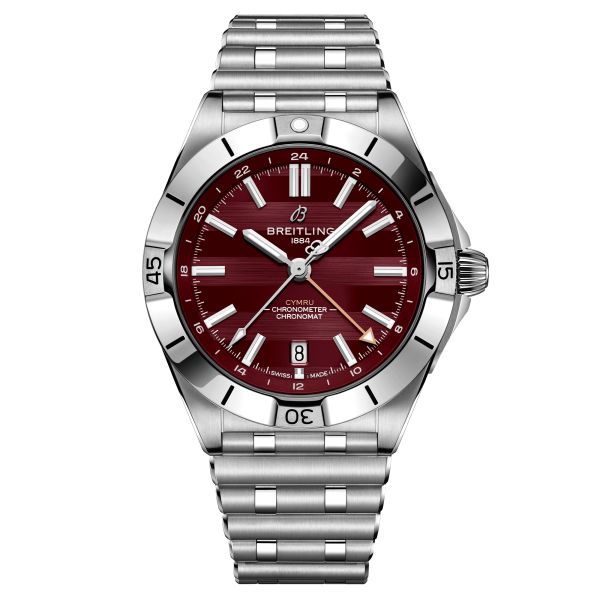 Breitling Chronomat GMT Six Nations Wales automatic watch burgundy dial steel bracelet 40 mm A323988B1K1A1