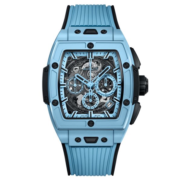 Hublot Spirit of Big Bang Sky Blue Ceramic automatic watch skeleton dial blue rubber strap 42 mm 642.EX.5110.RX