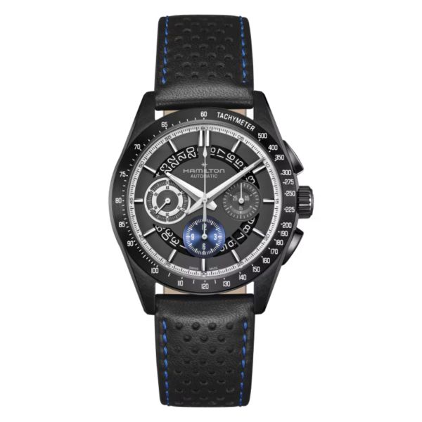 Montre Hamilton Jazzmaster Performer Chronographe automatique cadran noir et bleu bracelet cuir noir 42 mm