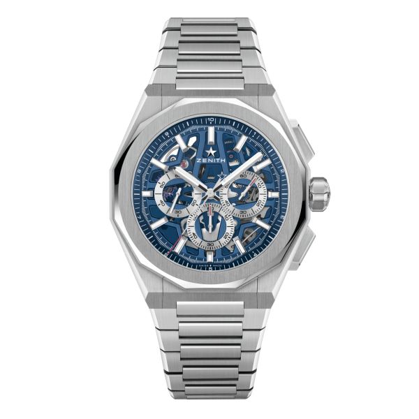 Montre Zenith Defy Skyline Chronographe Skeleton automatique cadran bleu bracelet acier 42 mm