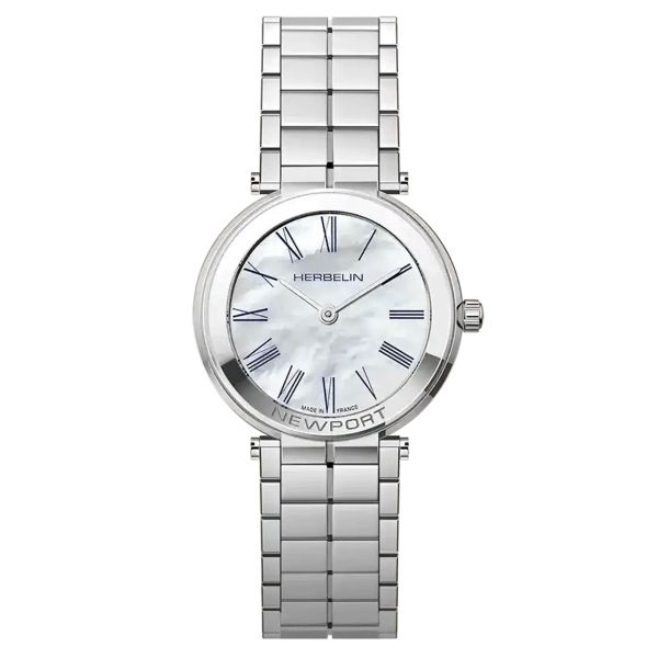 Herbelin Newport Slim quartz watch Roman numerals white mother-of-pearl dial steel bracelet 32 mm 16922B09