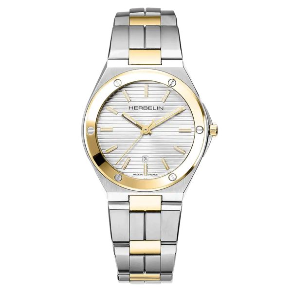 Herbelin Cap Camarat Bicolor quartz watch silver dial steel bracelet and yellow gold PVD 33 mm 14545BT11N