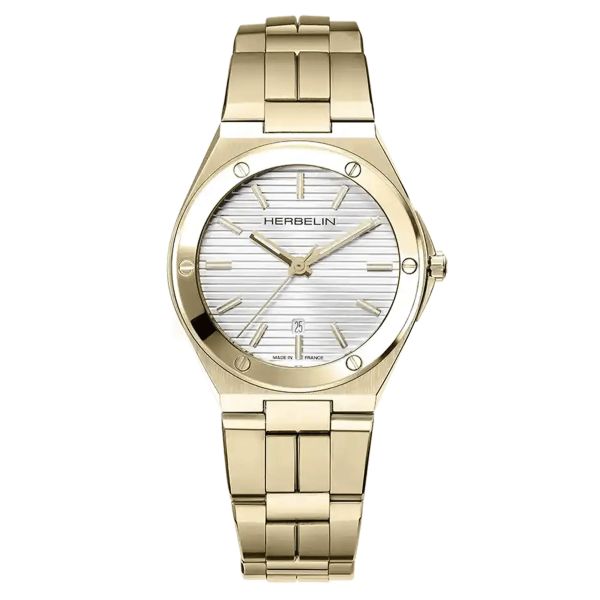 Herbelin Cap Camarat PVD Yellow Gold quartz watch silver dial steel bracelet PVD 33 mm 14545BP1N11