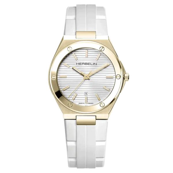 Montre Herbelin Cap Camarat PVD Or Jaune quartz cadran argent bracelet caoutchouc blanc 33 mm 14545P1N11CW