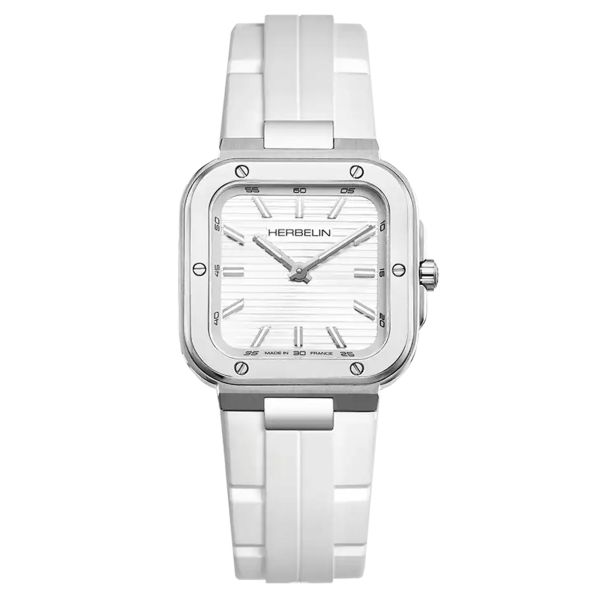 Montre Herbelin Cap Camarat Square quartz cadran blanc bracelet caoutchouc blanc 30 x 30 mm 17546A12CW