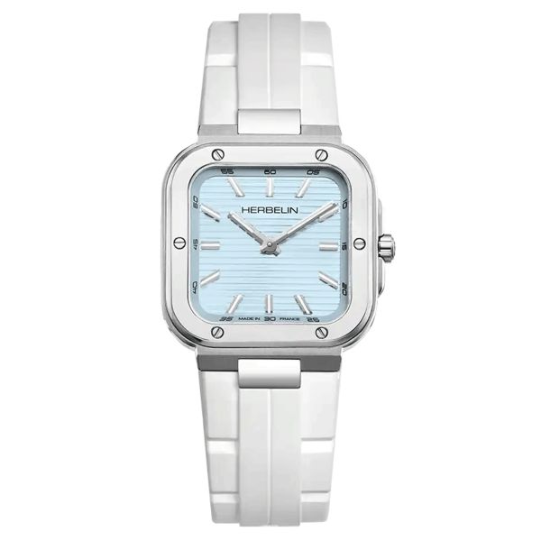 Herbelin Cap Camarat Square quartz watch arctic blue dial white rubber strap 30 x 30 mm 17546A25CW