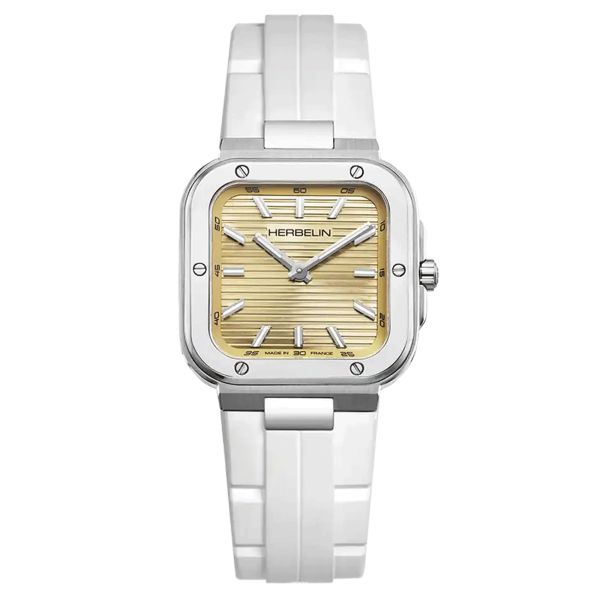 Herbelin Cap Camarat Square quartz watch champagne dial white rubber strap 30 x 30 mm 17546A13CW