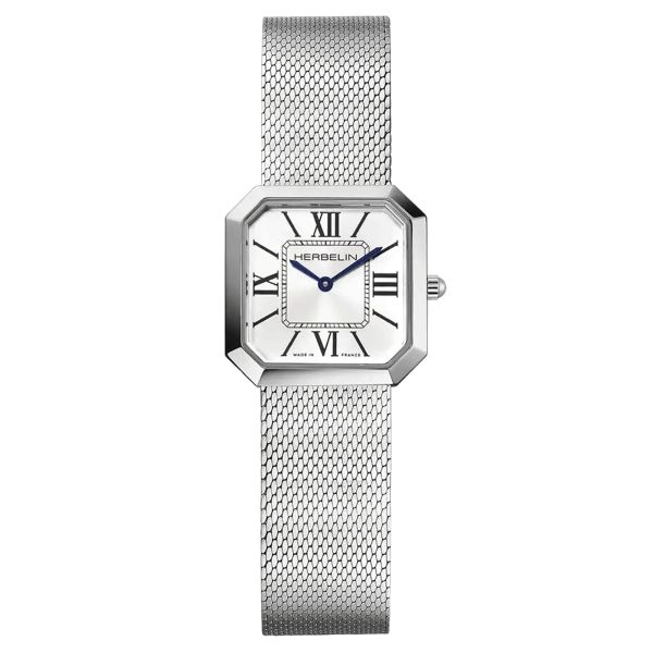 Montre Herbelin Octogône quartz cadran argent bracelet acier maille milanaise 24,5 mm 17426B08