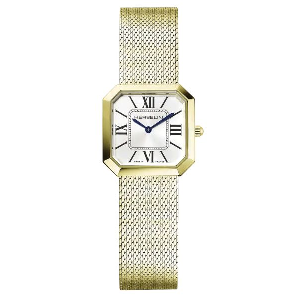 Montre Herbelin Octogône quartz cadran argent bracelet acier pvd or jaune maille milanaise 24,5 mm 17426BP08