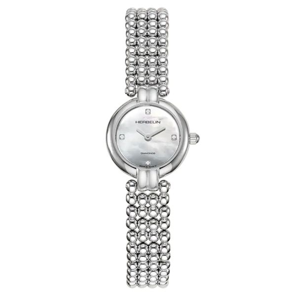 Herbelin Perles quartz watch diamonds markers white mother-of-pearl dial steel bracelet 22 mm 17433B89