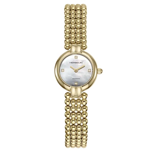 Montre Herbelin Perles quartz index diamants cadran nacre blanche bracelet acier PVD or jaune 22 mm 17433BP1N89