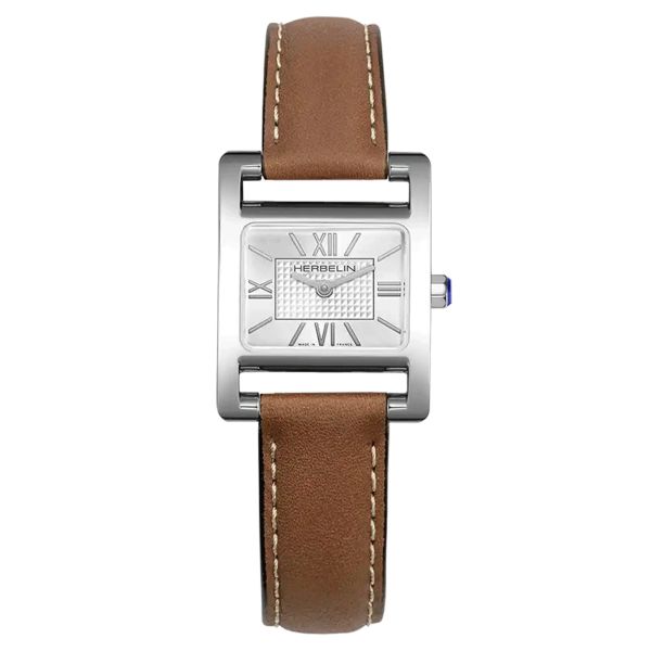 Herbelin Ve Avenue quartz watch silver dial brown leather strap 23.4 x 19 mm 17537AP08GD