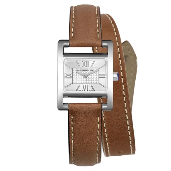 Herbelin Ve Avenue quartz watch silver dial brown leather strap double tour 23,4 x 19 mm 17537AP08GDL