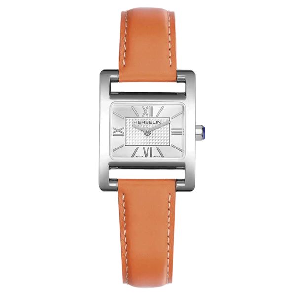 Herbelin Ve Avenue quartz watch silver dial orange leather strap 23.4 x 19 mm 17537AP08MD