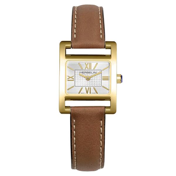 Ve Avenue Herbelin watch PVD Yellow Gold quartz silver dial brown leather strap 23.4 x 19 mm 17537P08GD