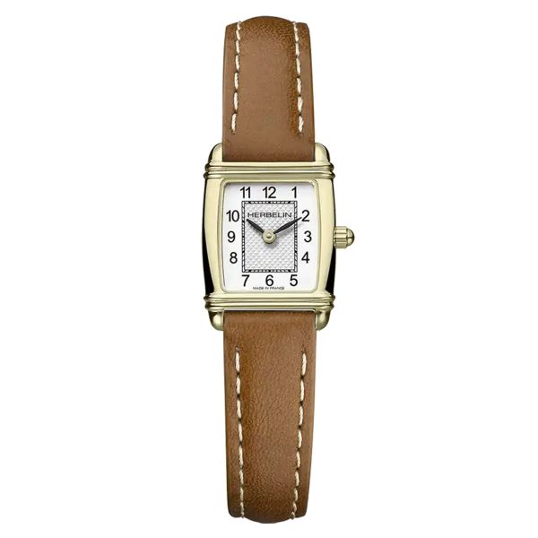 Herbelin Art Déco PVD Or Jaune quartz index Arabic numerals silver dial brown leather strap 17,80 x 19,40 mm 17438P1N22GD