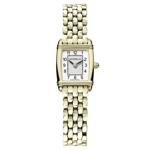 Herbelin Art Déco quartz watch silver dial steel bracelet PVD yellow gold 17.8 x 19.40 mm 17438BP1N22