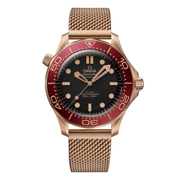 Montre Omega Seamaster Diver 300m Bronze Gold & Burgundy Co-Axial Master Chronometer cadran noir bracelet milanais 42 mm