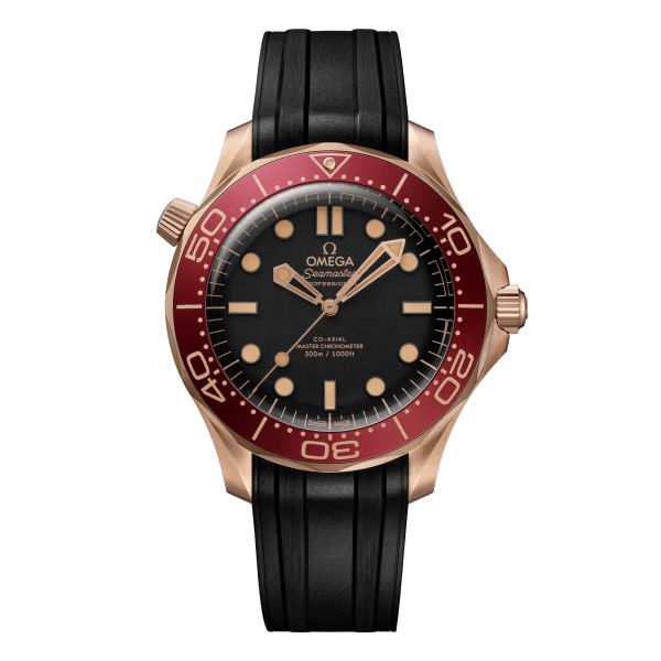 Montre Omega Seamaster Diver 300m Bronze Gold & Burgundy Co-Axial Master Chronometer cadran noir bracelet caoutchouc 42 mm