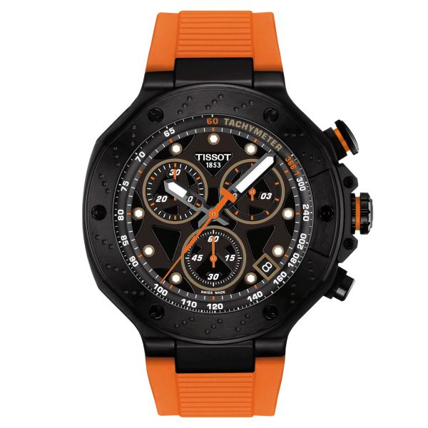 Tissot T-Sport T-Race Chronograph quartz watch black dial orange rubber strap 45 mm T141.417.37.051.02