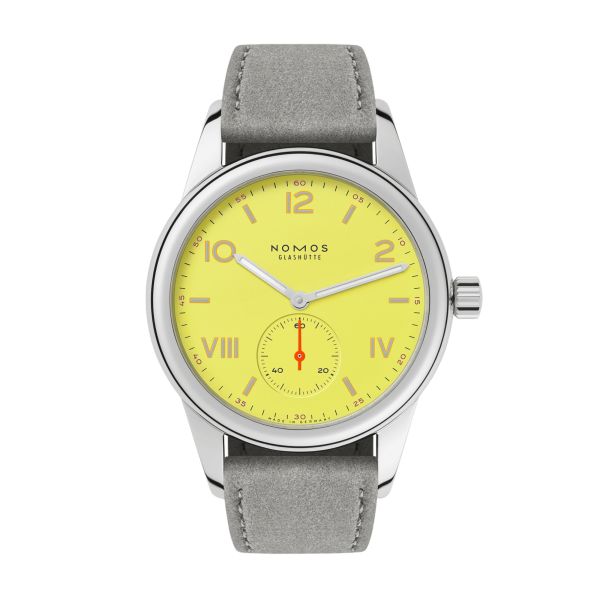 Montre NOMOS Club Campus Starlight mécanique fond saphir cadran jaune bracelet velours gris 36 mm