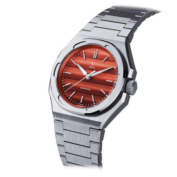 Montre Yema Wristmaster Traveller automatique cadran rouge bracelet acier 39 mm