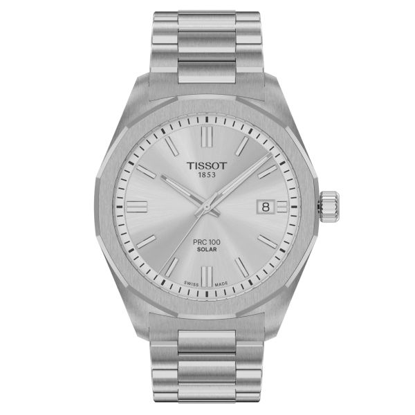 Montre Tissot T-Classic PR 100 quartz solaire cadran argent bracelet acier 39 mm T151.422.11.031.00