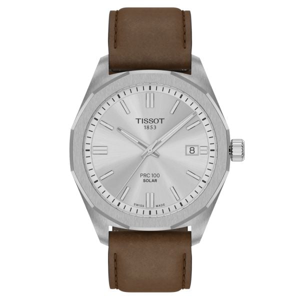 Tissot T-Classic PR 100 Solar quartz watch silver dial brown leather strap 39 mm T151.422.16.031.00