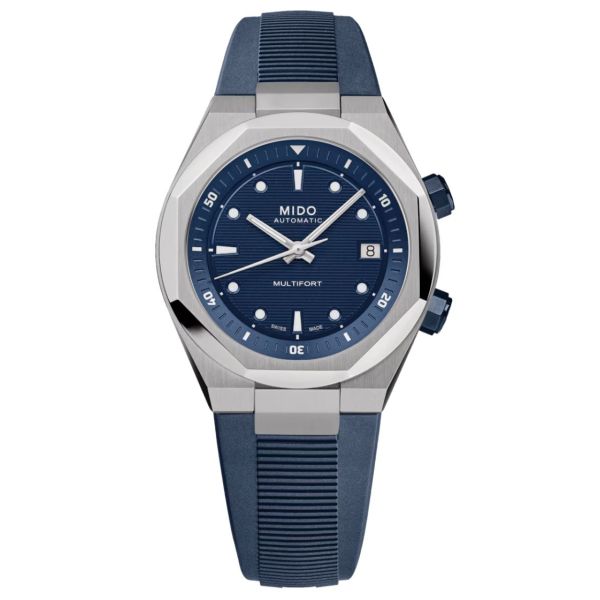 Mido Multifort 8 Two Crowns automatic watch, blue dial, blue rubber strap, 40 mm