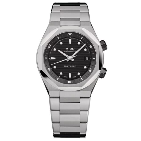 Mido Multifort 8 Two Crowns automatic watch, black dial, 40 mm steel bracelet