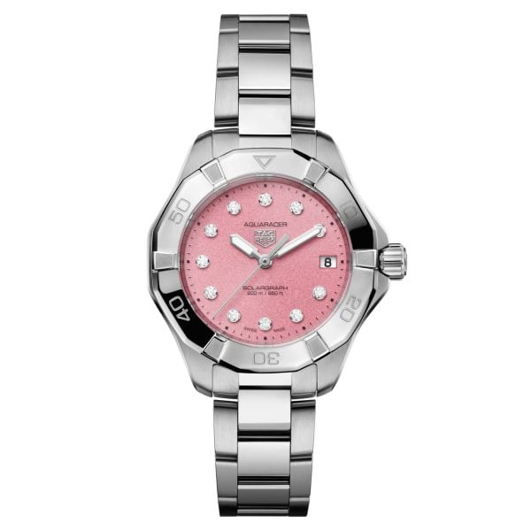 TAG Heuer Aquaracer Professional 200 Solargraph solar watch diamond index pink dial steel bracelet 34 mm WBP1318.BA0005